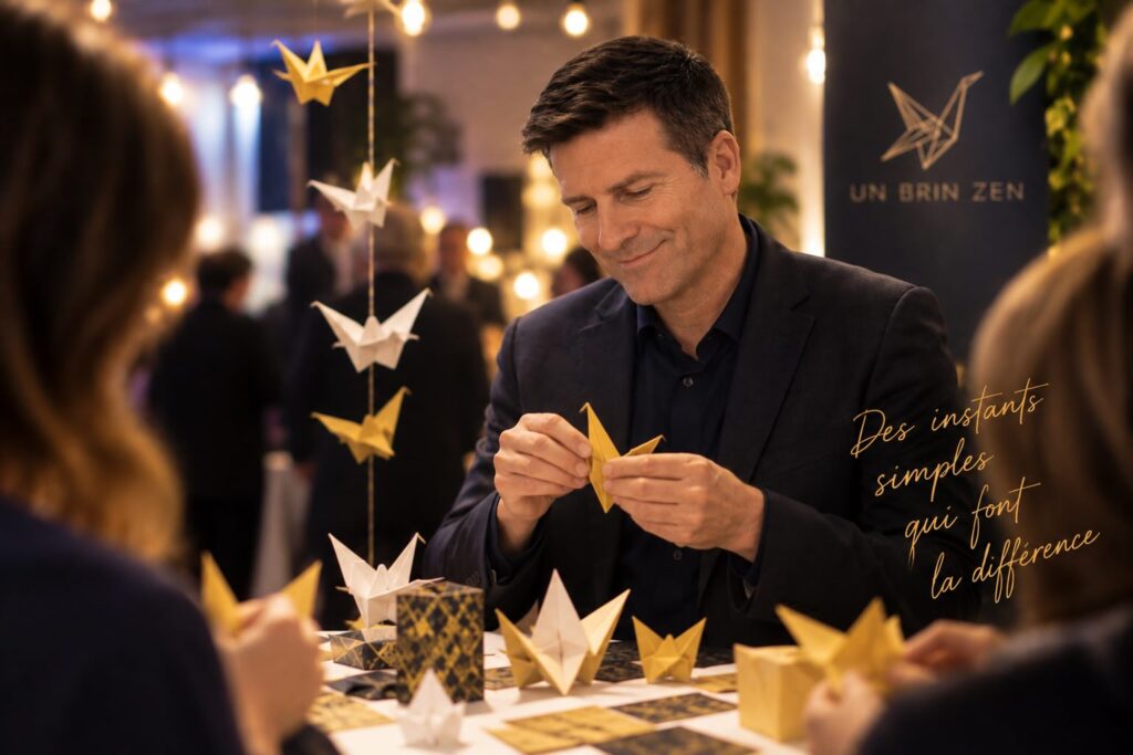 Kevin Briez pliant des grues en origami lors d’une soirée événementielle